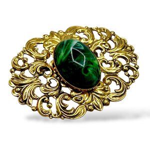 Vintage Art Nouveau Gold Brooch Pin Green Cabochon Stone Floral Ornate Filigree